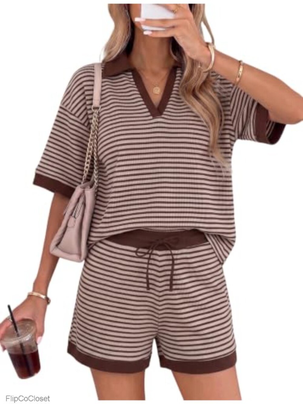 Waffle Knit 2 Piece Shorts Set Striped 3/4 Sleeve Top Casual Lounge